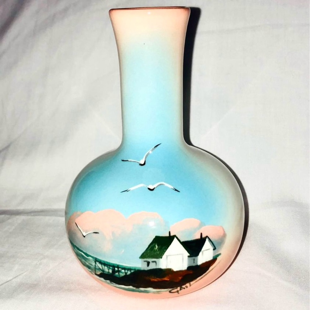 Nova Scotia Pottery Small Vase Gavendail Port Greville Sea Landscape Seagulls